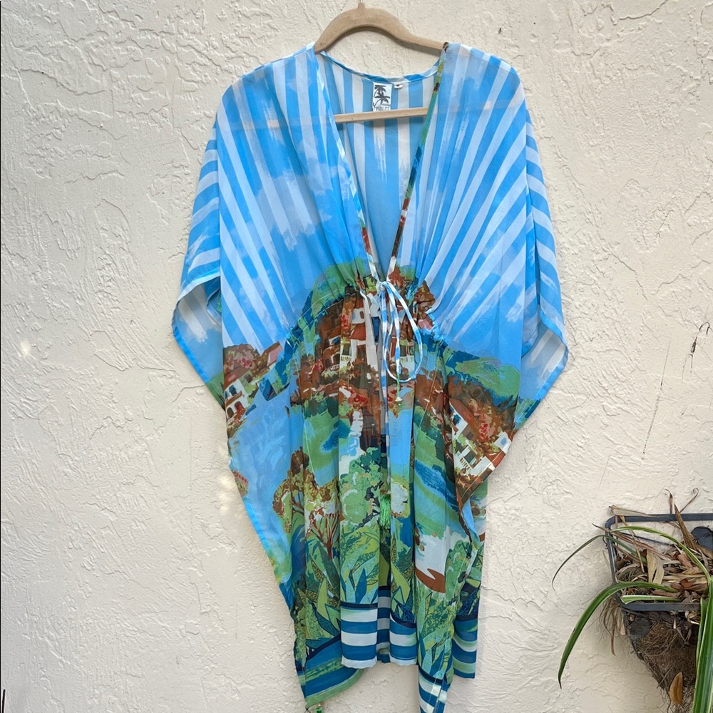 Blue and White Striped Bathing suit cover up Kaftan with Scenic Print M